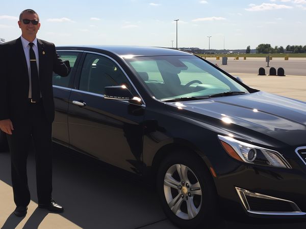 Driver waiting beside a sedan on the apron for a pre-booked airport transfer