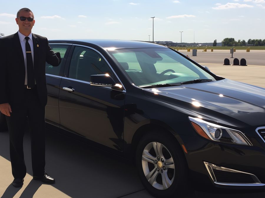 Driver beside a car on the apron at a regional airport