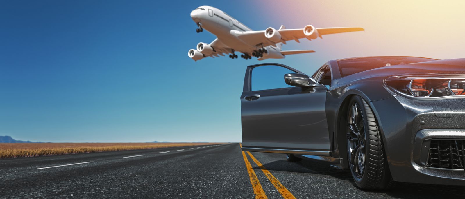 Aircraft climbing above a highway leading toward the airport