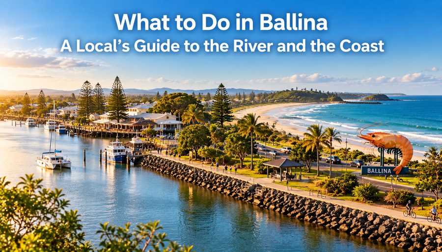 Ballina riverfront, beach and the Big Prawn