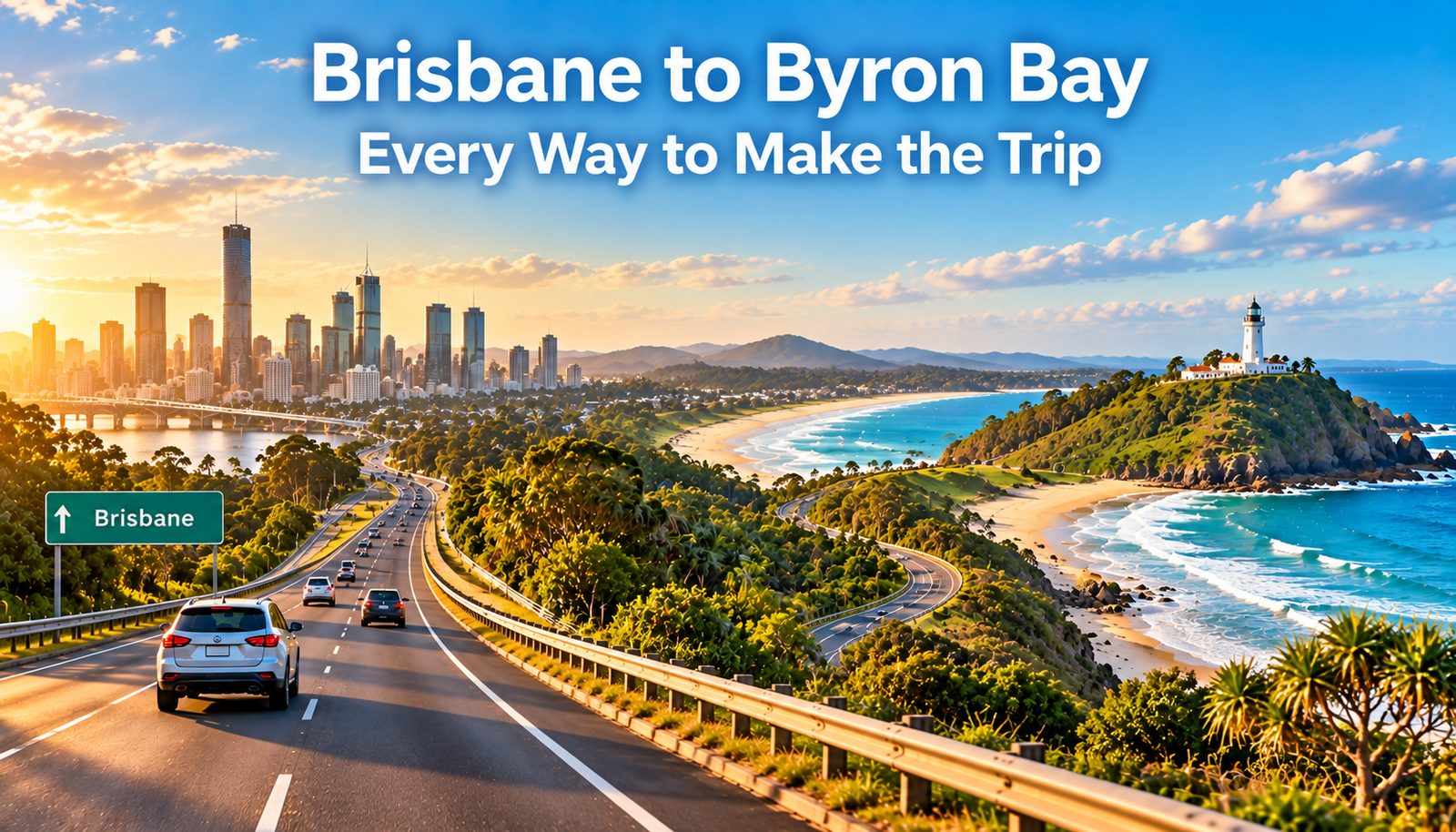 Motorway leading from the Brisbane skyline down the coast to Byron Bay and its lighthouse