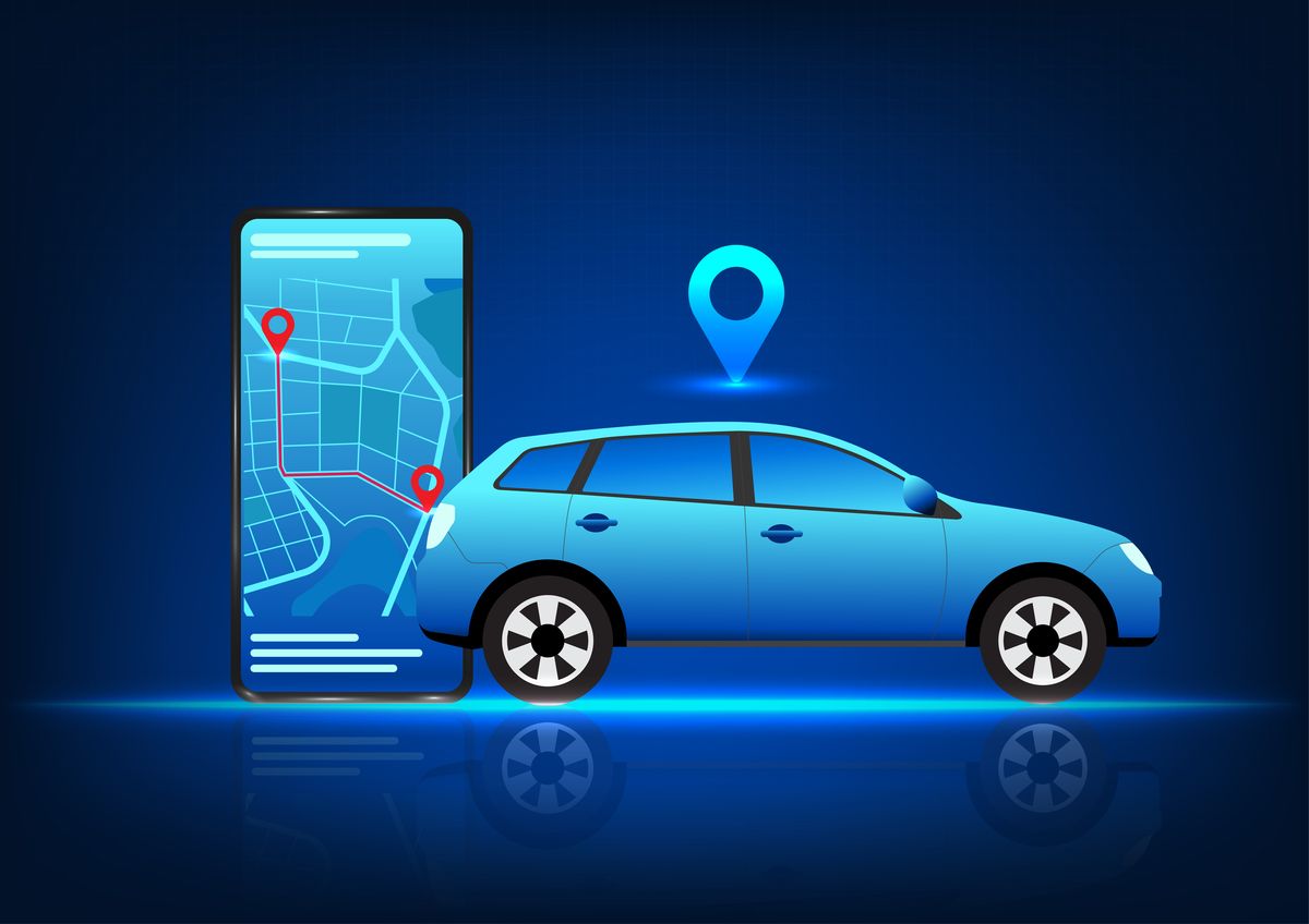 Illustration of a car beside a phone showing the pickup and destination on a live map